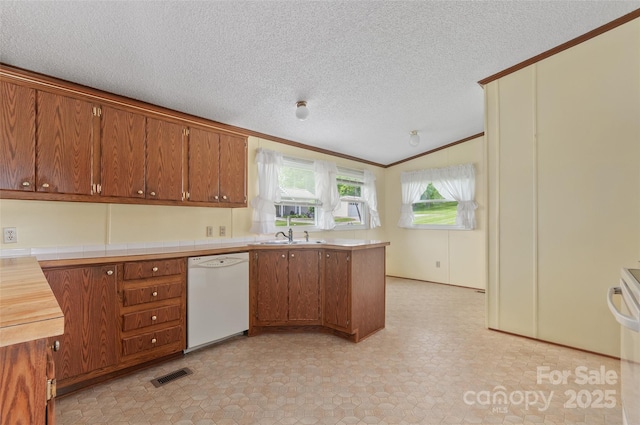 112 Melody St, Clyde, NC 28721 - kitchen with white dishwasher, vaulted ceiling, a textured ceiling, brown cabinetry, and ornamental molding