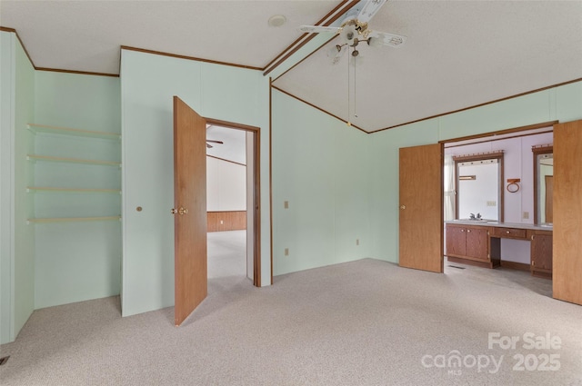 112 Melody St, Clyde, NC 28721 - unfurnished bedroom featuring light carpet, vaulted ceiling, ornamental molding, a desk, and ensuite bath