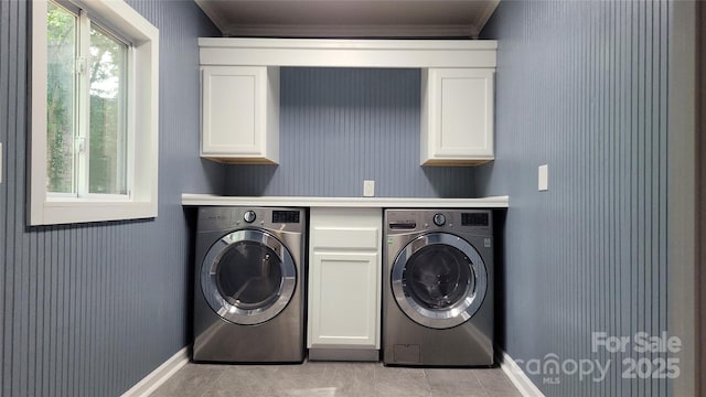 109 Pepper Cir, Mooresville, NC 28117 - washroom with washing machine and dryer, cabinet space, ornamental molding, baseboards, and light tile patterned floors