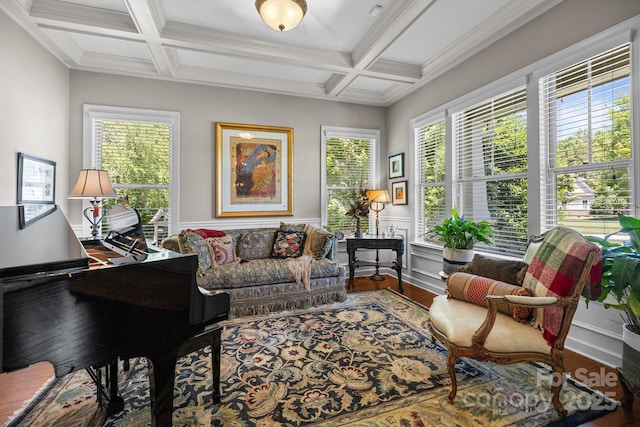 3009 Botetourt Ct, Weddington, NC 28104 - sitting room with coffered ceiling, wood finished floors, beamed ceiling, and wainscoting