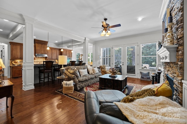 3009 Botetourt Ct, Weddington, NC 28104 - living room with ornate columns, ceiling fan, a fireplace, ornamental molding, and recessed lighting