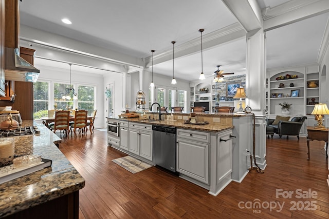 3009 Botetourt Ct, Weddington, NC 28104 - kitchen featuring dishwasher, open floor plan, a ceiling fan, dark wood-type flooring, and light stone countertops