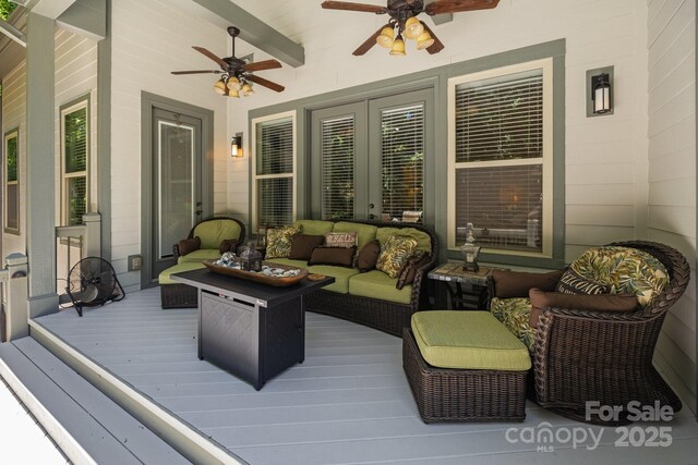 3009 Botetourt Ct, Weddington, NC 28104 - wooden deck with ceiling fan and outdoor lounge area