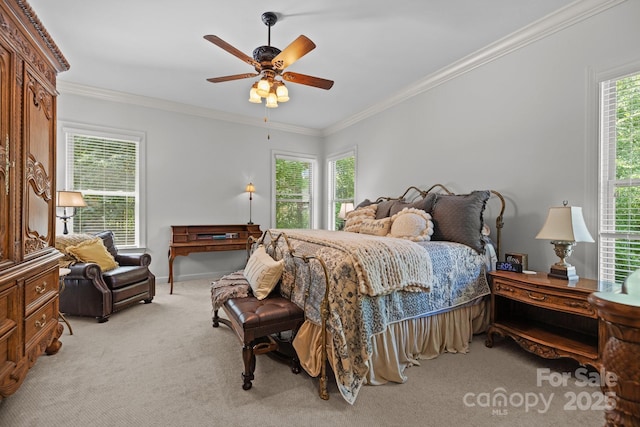 3009 Botetourt Ct, Weddington, NC 28104 - bedroom featuring crown molding, light colored carpet, and a ceiling fan