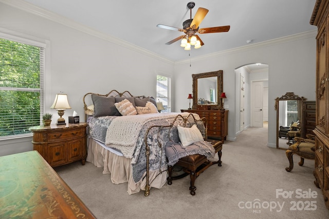 3009 Botetourt Ct, Weddington, NC 28104 - bedroom with arched walkways, light colored carpet, ornamental molding, and ceiling fan