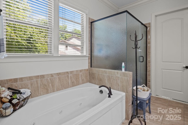 3009 Botetourt Ct, Weddington, NC 28104 - full bathroom with a shower stall, a tub with jets, and crown molding