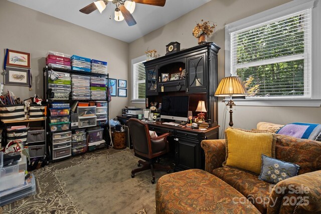 3009 Botetourt Ct, Weddington, NC 28104 - carpeted home office with healthy amount of natural light and a ceiling fan