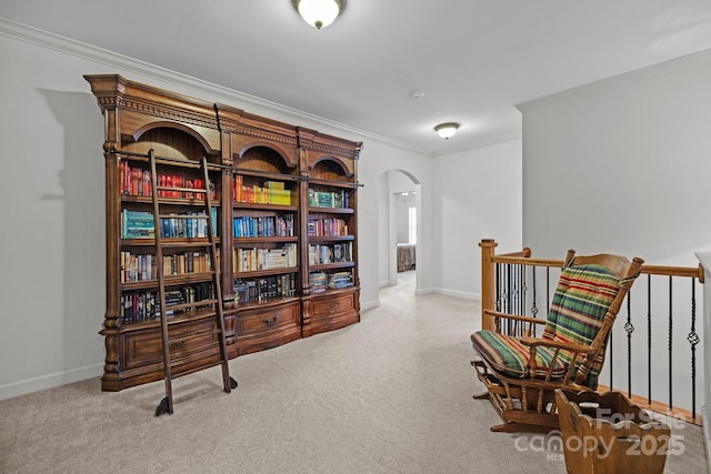 3009 Botetourt Ct, Weddington, NC 28104 - living area featuring arched walkways, crown molding, carpet floors, and an upstairs landing