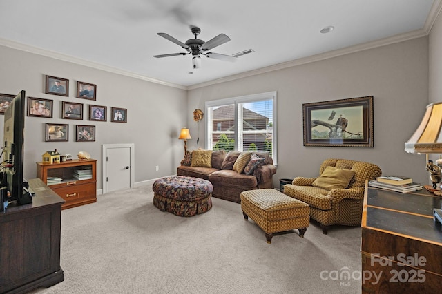3009 Botetourt Ct, Weddington, NC 28104 - carpeted living room featuring ornamental molding and ceiling fan