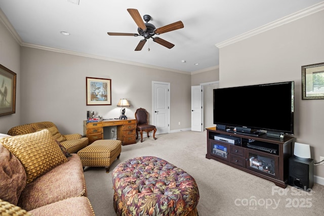 3009 Botetourt Ct, Weddington, NC 28104 - carpeted living room featuring ceiling fan, ornamental molding, and recessed lighting