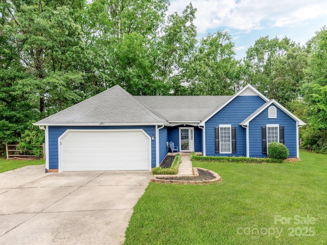 10736 Spruce Mountain Rd, Charlotte, NC 28214 - ranch-style house with a garage, concrete driveway, a front yard, a shingled roof, and view of scattered trees