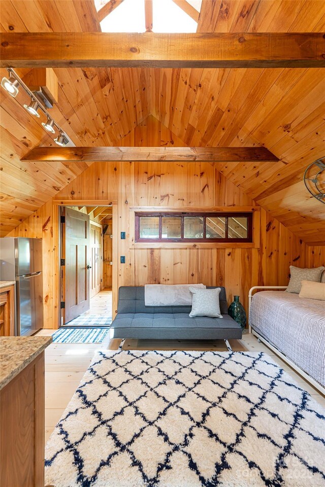 30 Greene Ln, Fletcher, NC 28732 - bedroom with freestanding refrigerator, wood walls, hardwood / wood-style flooring, track lighting, and wood ceiling