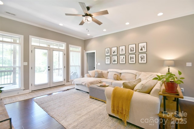 114 Wingard Rd, Concord, NC 28025 - living area with french doors, ceiling fan, crown molding, wood finished floors, and recessed lighting