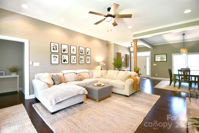114 Wingard Rd, Concord, NC 28025 - living area featuring baseboards, ceiling fan, crown molding, dark wood-style flooring, and recessed lighting