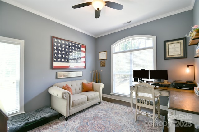 114 Wingard Rd, Concord, NC 28025 - home office with a ceiling fan, crown molding, wood finished floors, and baseboards