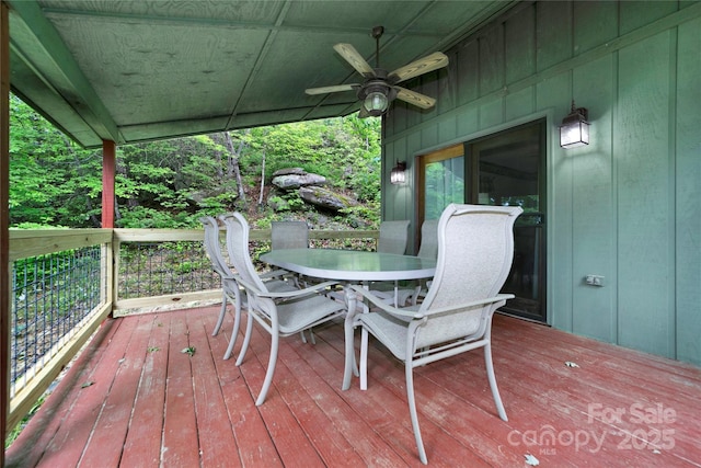 261 Franks Cove Rd, Brevard, NC 28712 - wooden terrace featuring outdoor dining area and ceiling fan