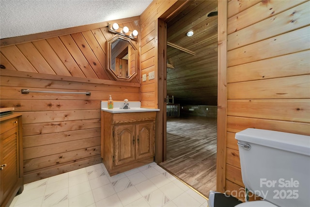 261 Franks Cove Rd, Brevard, NC 28712 - bathroom featuring vanity, wooden walls, toilet, and lofted ceiling