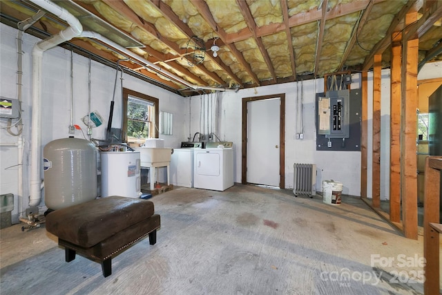 261 Franks Cove Rd, Brevard, NC 28712 - below grade area with electric panel, separate washer and dryer, electric water heater, radiator, and a water pressure tank