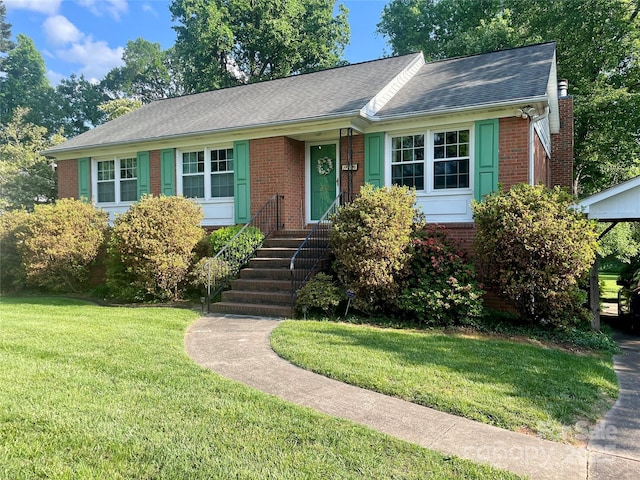 5806 Whitingham Dr, Charlotte, NC 28215 - ranch-style home featuring brick siding, a front yard, roof with shingles, and a chimney