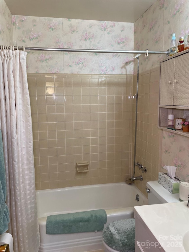 5806 Whitingham Dr, Charlotte, NC 28215 - bathroom featuring wallpapered walls, shower / tub combo with curtain, vanity, and toilet