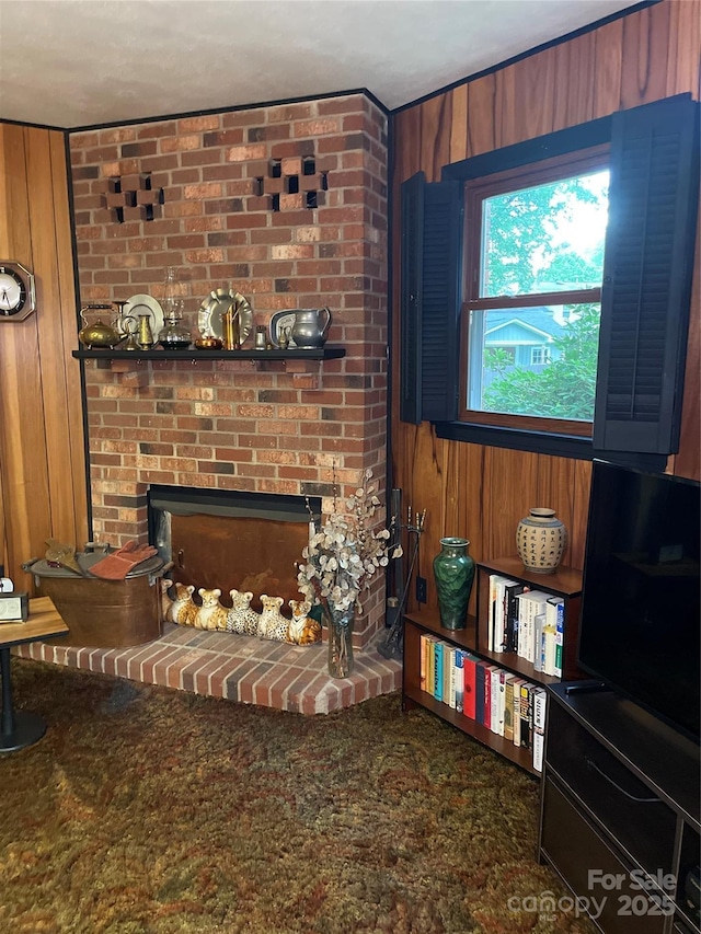 5806 Whitingham Dr, Charlotte, NC 28215 - living area featuring wood walls and a fireplace