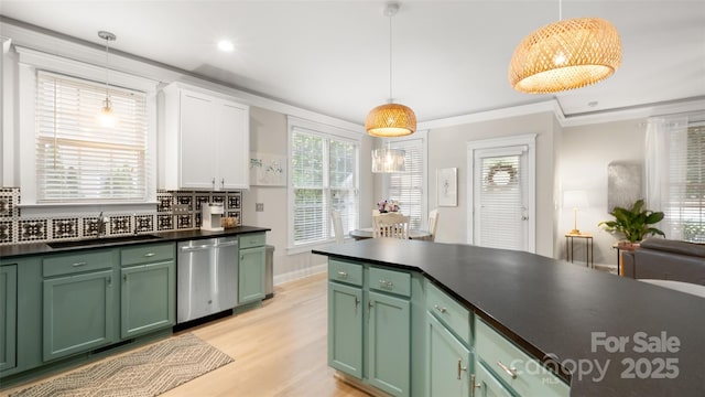 6129 Caseys Side Way, Fort Mill, SC 29708 - kitchen with dishwasher, green cabinets, dark countertops, crown molding, and recessed lighting