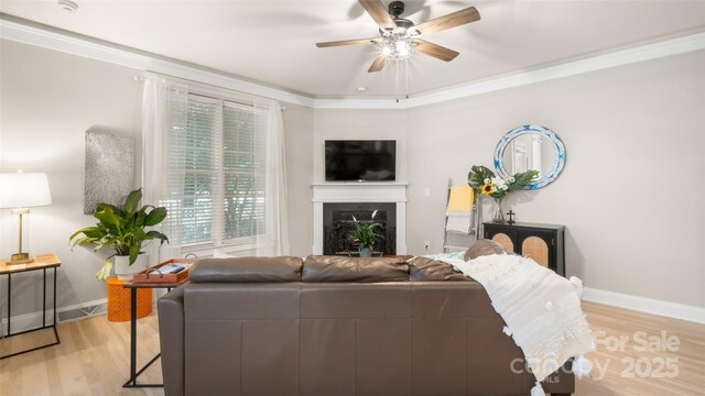 6129 Caseys Side Way, Fort Mill, SC 29708 - living area featuring light wood-type flooring, a ceiling fan, ornamental molding, and a fireplace