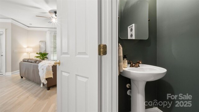 6129 Caseys Side Way, Fort Mill, SC 29708 - bathroom featuring a ceiling fan, wood finished floors, and ornamental molding