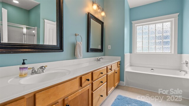 6129 Caseys Side Way, Fort Mill, SC 29708 - full bathroom with a bath, double vanity, and a shower stall
