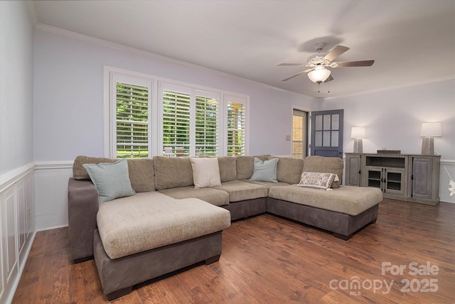 2618 Pineview Dr, Lancaster, SC 29720 - living room with ornamental molding, ceiling fan, wood finished floors, and a wainscoted wall