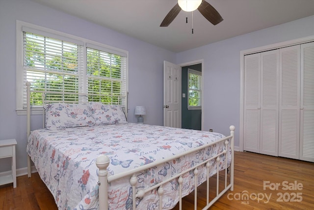 2618 Pineview Dr, Lancaster, SC 29720 - bedroom featuring wood finished floors, baseboards, a closet, and a ceiling fan