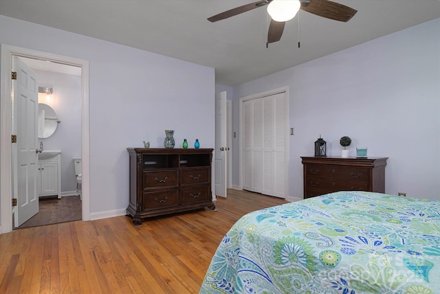 2618 Pineview Dr, Lancaster, SC 29720 - bedroom with light wood-style floors, baseboards, a closet, a ceiling fan, and connected bathroom