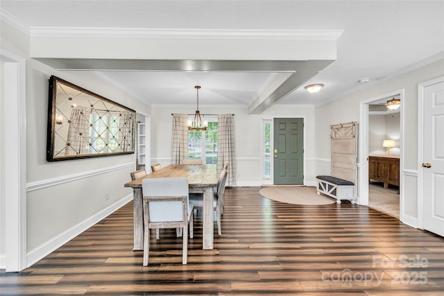 2005 Schofield Pl, Salisbury, NC 28144 - dining space featuring dark wood-type flooring, a chandelier, ornamental molding, and baseboards