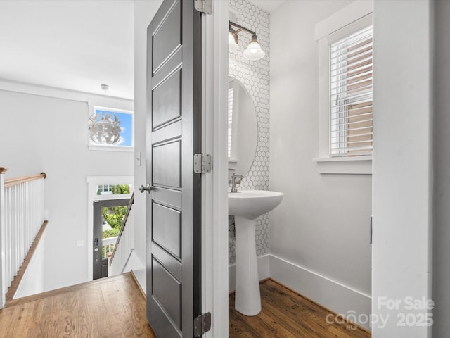 807 Herrons Ferry Rd, Rock Hill, SC 29730 - bathroom with wood finished floors, healthy amount of natural light, baseboards, and a chandelier