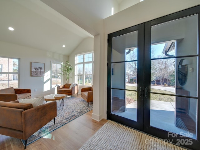 8039 Mcconnell Rd, Denver, NC 28037 - doorway to outside with plenty of natural light, wood finished floors, french doors, vaulted ceiling, and baseboards