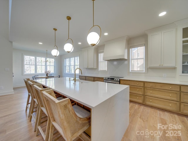 8039 Mcconnell Rd, Denver, NC 28037 - kitchen featuring custom range hood, a sink, electric range, light wood-style flooring, and recessed lighting