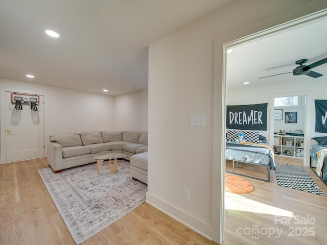 8039 Mcconnell Rd, Denver, NC 28037 - living room with wood finished floors, a ceiling fan, and recessed lighting