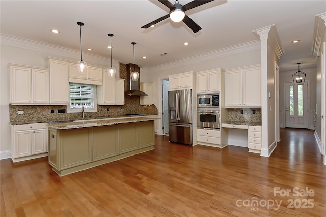 17210 Sulky Plough Rd Unit 1206, Charlotte, NC 28277 - kitchen with appliances with stainless steel finishes, wall chimney exhaust hood, healthy amount of natural light, a ceiling fan, and recessed lighting