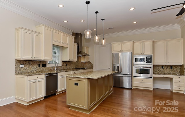 17210 Sulky Plough Rd Unit 1206, Charlotte, NC 28277 - kitchen featuring appliances with stainless steel finishes, wall chimney exhaust hood, crown molding, backsplash, and light stone countertops