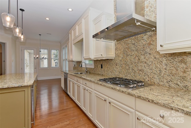 17210 Sulky Plough Rd Unit 1206, Charlotte, NC 28277 - kitchen with wall chimney range hood, stainless steel appliances, a chandelier, ornamental molding, and decorative backsplash