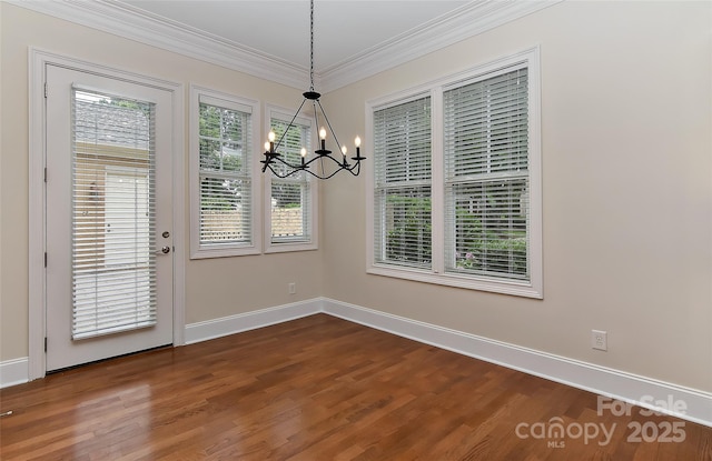 17210 Sulky Plough Rd Unit 1206, Charlotte, NC 28277 - unfurnished dining area with a chandelier, dark wood-style flooring, ornamental molding, and baseboards