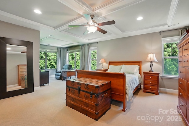 3808 Halcyon Dr, Huntersville, NC 28078 - bedroom with light colored carpet, baseboards, coffered ceiling, multiple windows, and beamed ceiling
