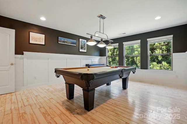 3808 Halcyon Dr, Huntersville, NC 28078 - playroom featuring a decorative wall, billiards, light wood-style flooring, wainscoting, and recessed lighting