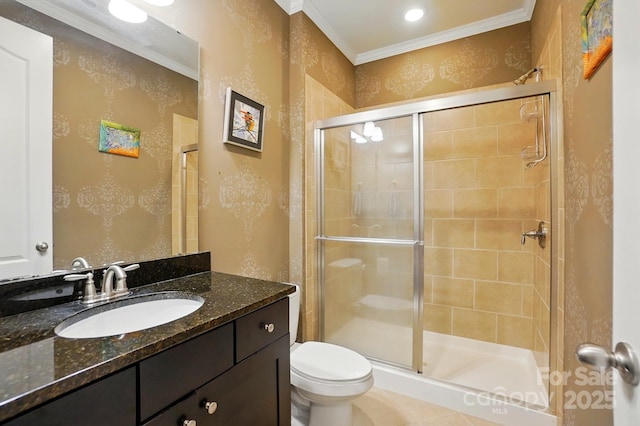 3808 Halcyon Dr, Huntersville, NC 28078 - full bathroom featuring toilet, a shower stall, vanity, and ornamental molding