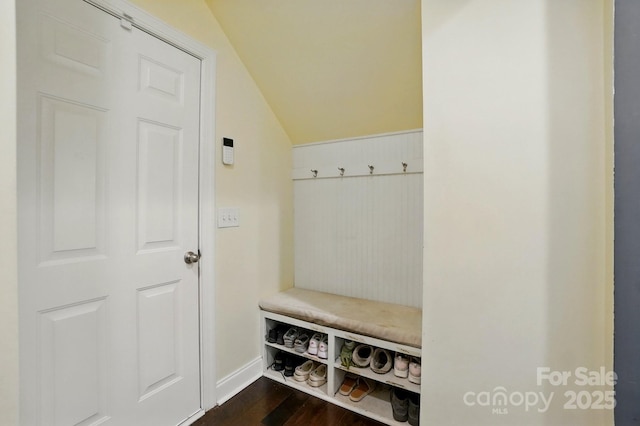 3808 Halcyon Dr, Huntersville, NC 28078 - mudroom featuring dark wood-style floors, baseboards, and vaulted ceiling