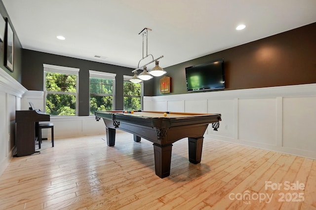 3808 Halcyon Dr, Huntersville, NC 28078 - rec room with a decorative wall, billiards table, light wood-style floors, a wainscoted wall, and recessed lighting