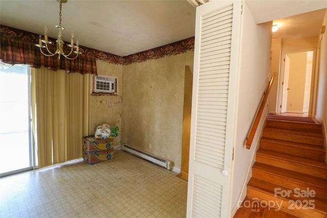 170 Heritage Ln, Salisbury, NC 28147 - dining room with a baseboard radiator, a chandelier, stairway, and tile patterned floors