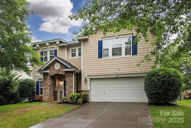 6914 Evanton Loch Rd, Charlotte, NC 28278 - view of front of home featuring an attached garage, stone siding, driveway, and a front yard