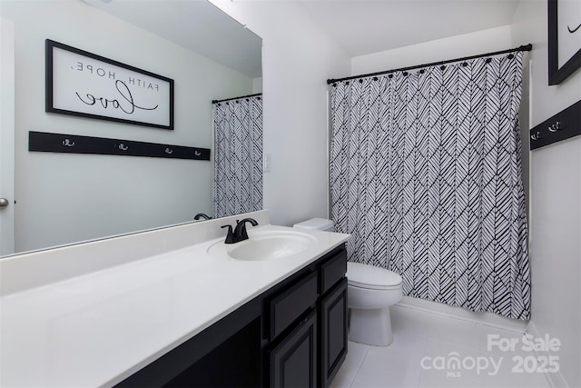 6914 Evanton Loch Rd, Charlotte, NC 28278 - bathroom featuring toilet, vanity, tile patterned flooring, and a shower with shower curtain