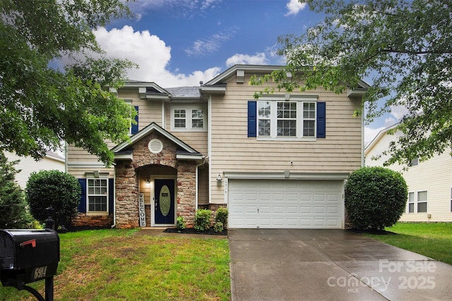 6914 Evanton Loch Rd, Charlotte, NC 28278 - traditional-style house featuring stone siding, a garage, driveway, and a front lawn
